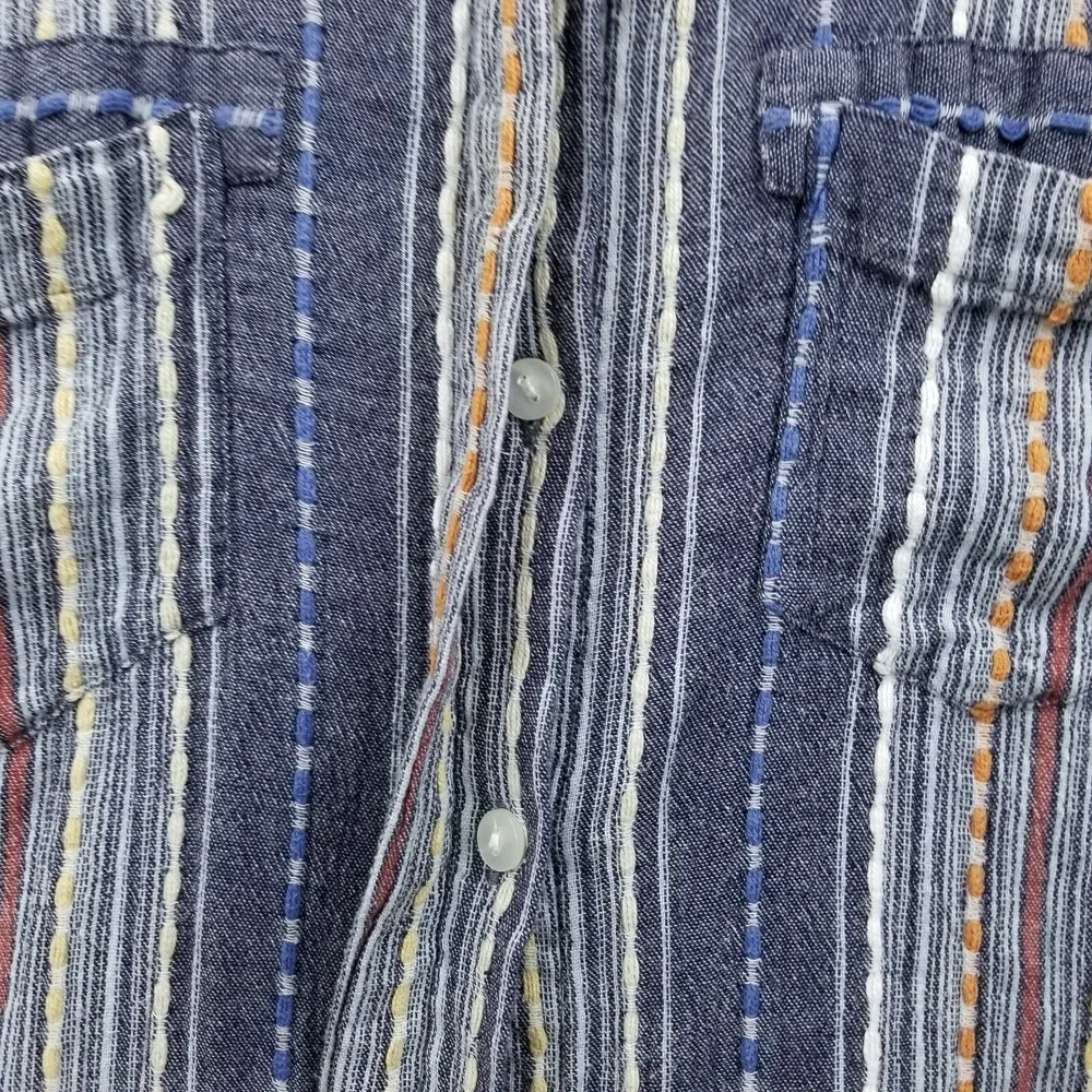 Serengeti Blouse Women M Blue‎ Striped Cotton Long Roll Sleeve Hippie Boho Slim